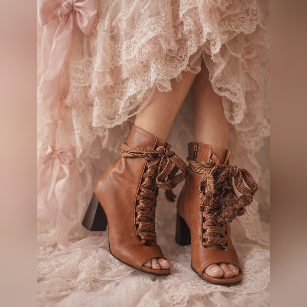 Chloe Coquette Lace Up Cognac Leather Open Toe Booties Size 36 - Picture 3 of 11